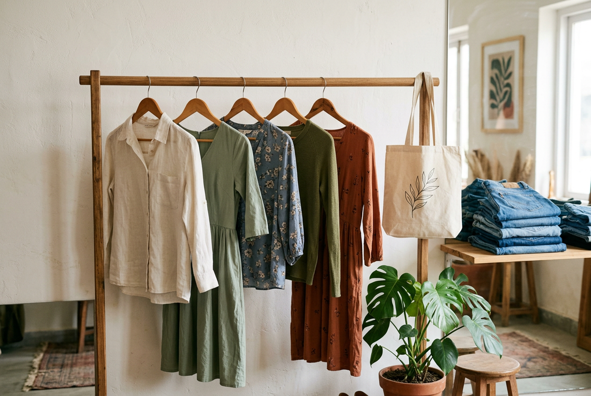 Women's clothing on a wooden rack beside folded jeans, a canvas tote bag and a leafy plant.