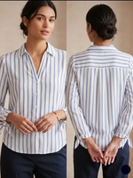 Woman wearing a blue and white striped shirt, front and back views, on a beige background.