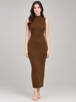 Brown Mock-Neck Sleeveless Ribbed Bodycon Midi Dress