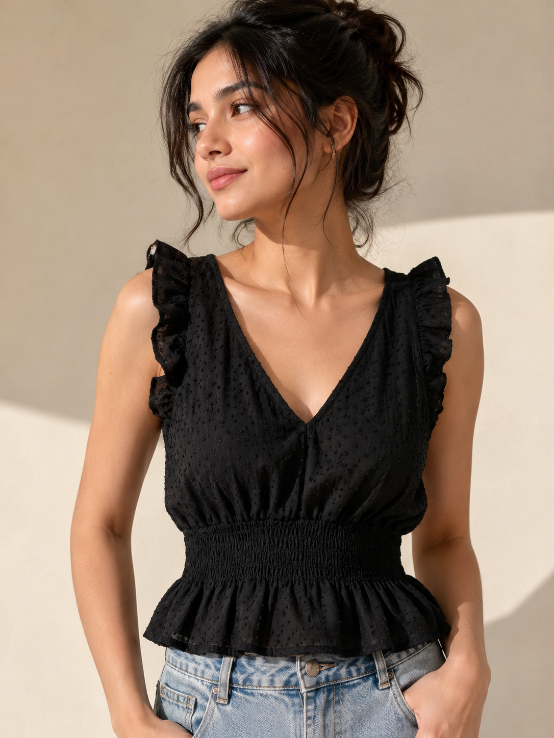 Black V-Neck Ruffle Sleeve Smocked Waist Crop Top