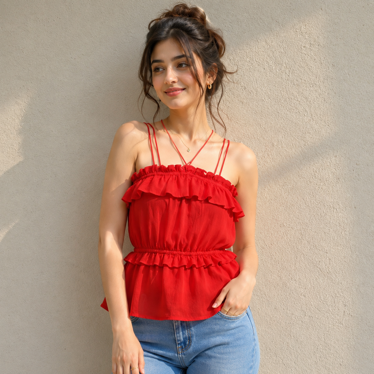 Red Off-Shoulder Ruffle Criss-Cross Strap Peplum Top