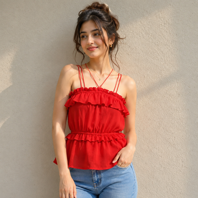Red Off-Shoulder Ruffle Criss-Cross Strap Peplum Top