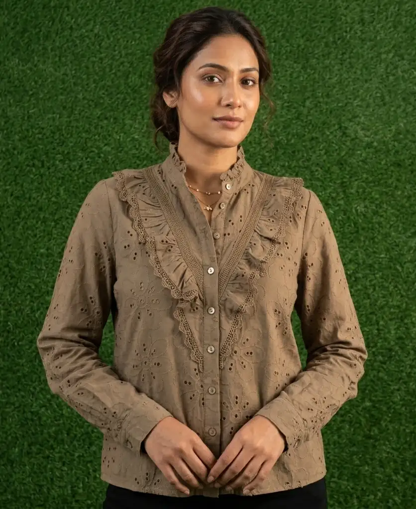 Eyelet Ruffle Button-Down Shirt western preloved