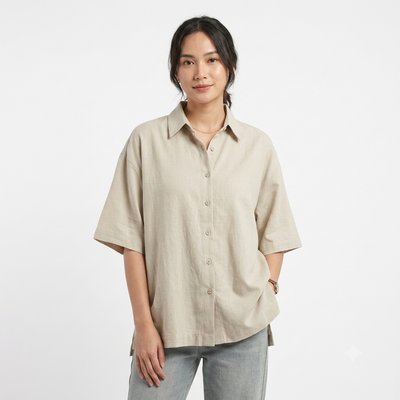 Oversized Short-Sleeve Point-Collar Button-Down Shirt