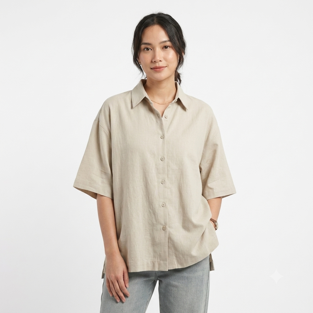 Oversized Short-Sleeve Point-Collar Button-Down Shirt