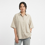 Oversized Short-Sleeve Point-Collar Button-Down Shirt