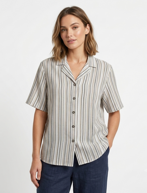 White Multi Stripe Open Collar Short Sleeve Shirt