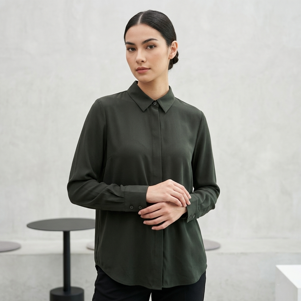 Woman wearing a dark green shirt against a plain background