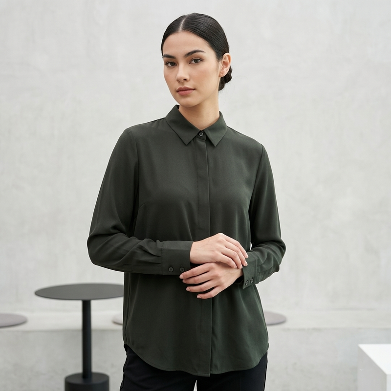 Woman wearing a dark green shirt against a plain background