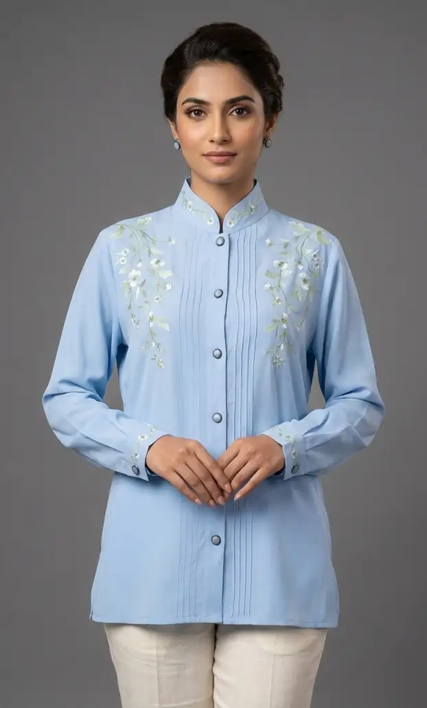 Woman wearing a light blue embroidered blouse with white pants on a gray background