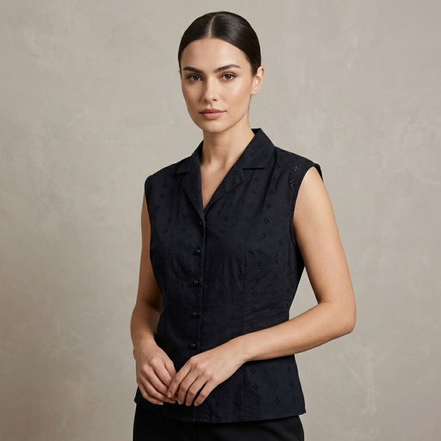 Black Eyelet Cotton Sleeveless Button Down Top
