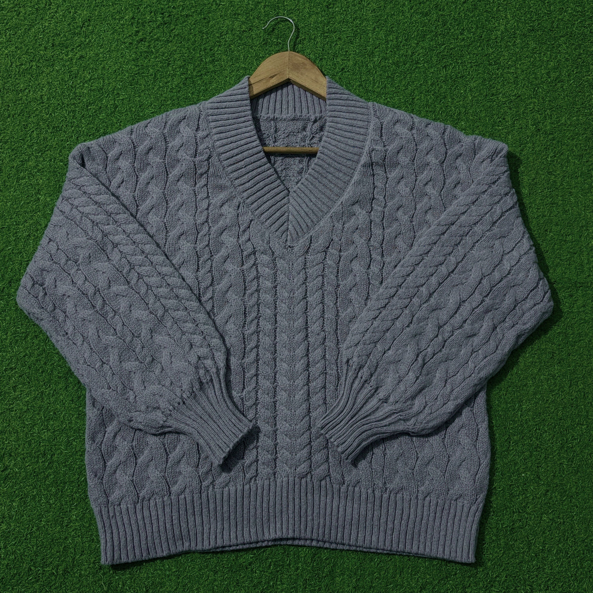 Grey cable-knit drop-shoulder sweater