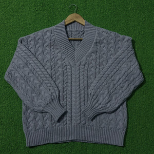 Grey Cable-Knit Drop-Shoulder Sweater