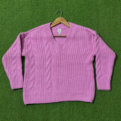 Pink cable-knit V-neck sweater by River Island