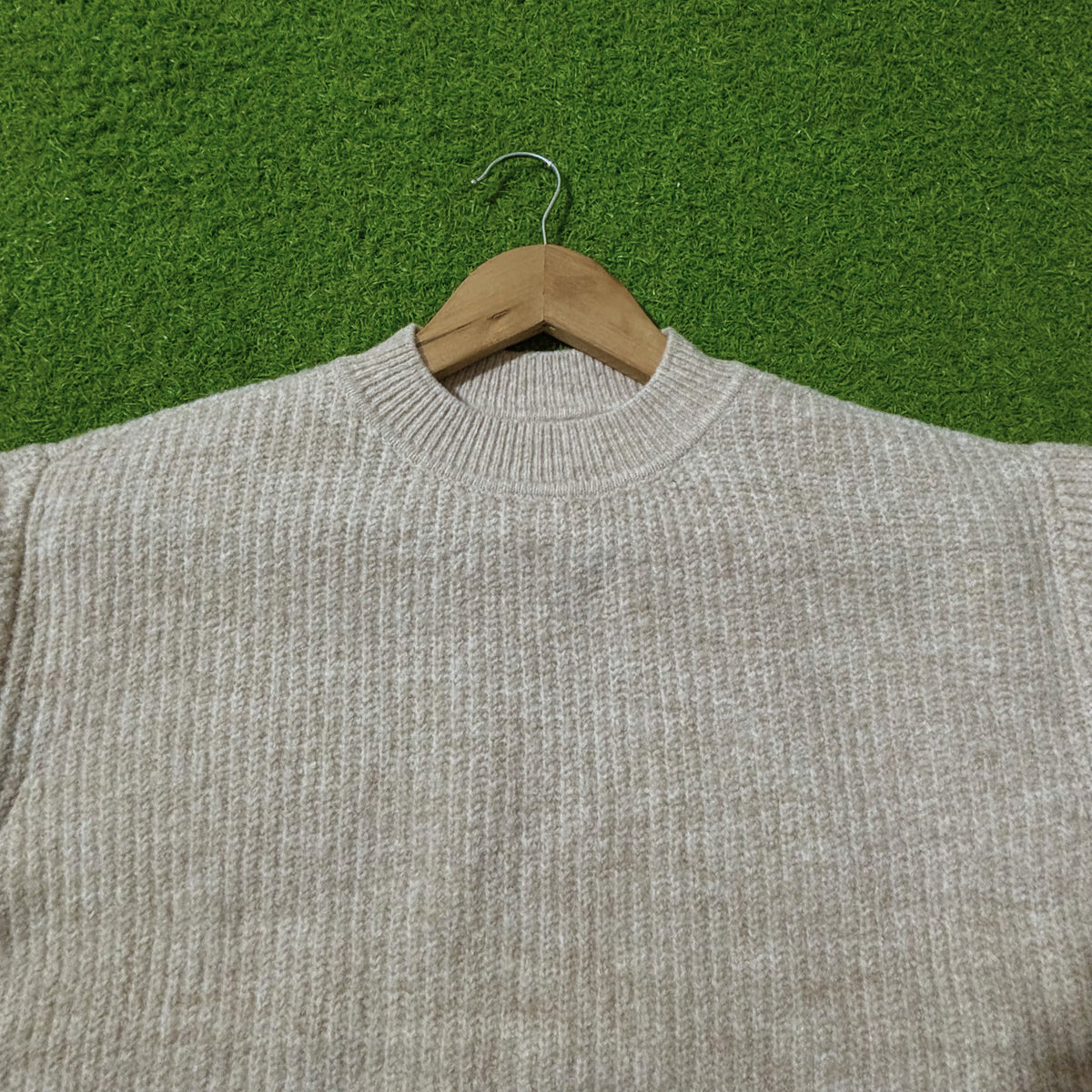 Beige High-Neck Knit Sweater