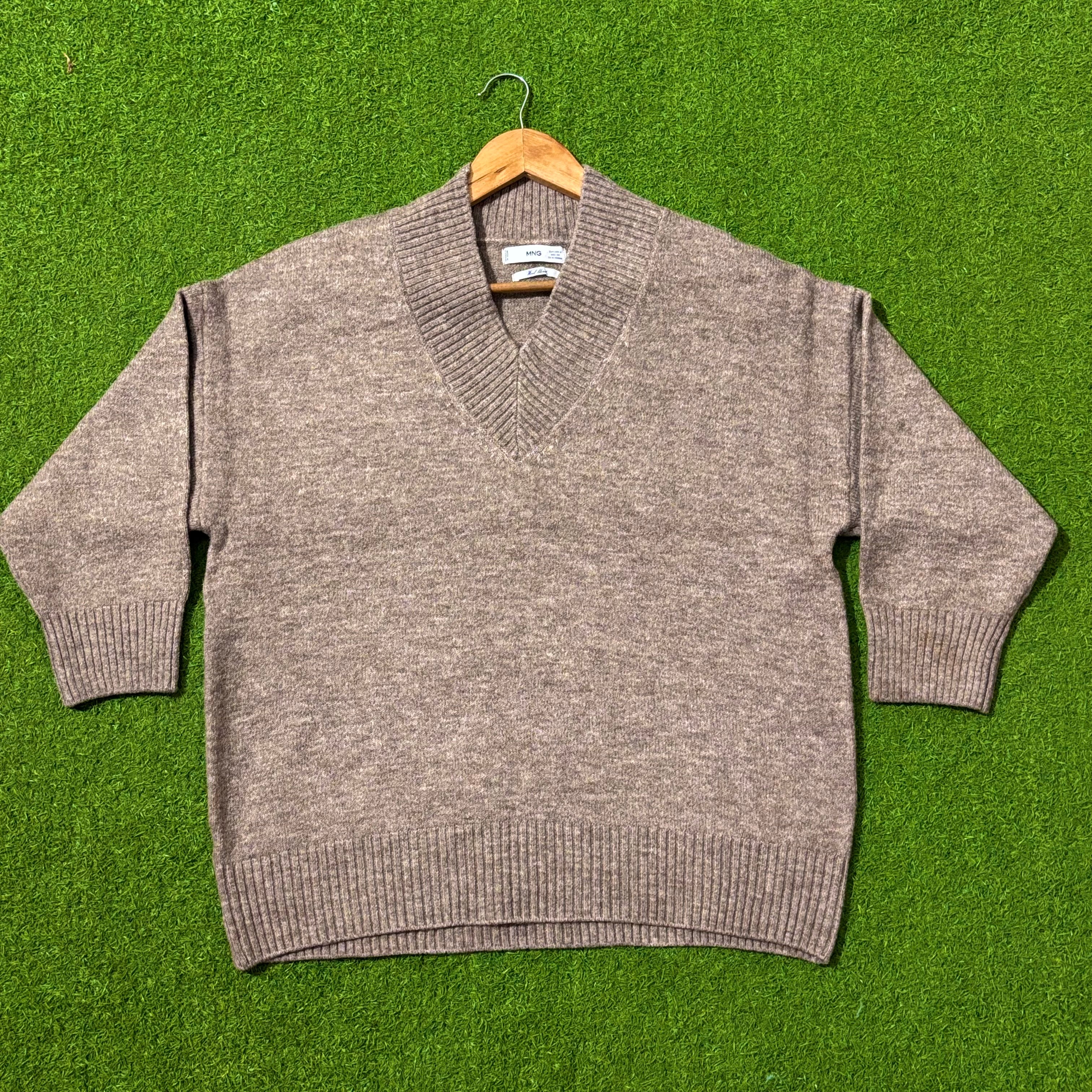 Taupe brown V-neck drop-shoulder knit sweater by MNG