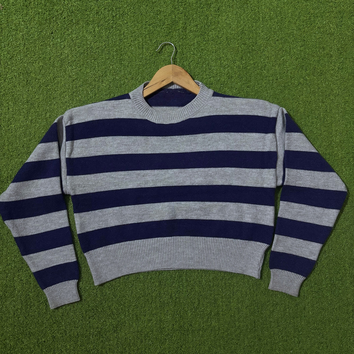 Navy and grey striped knit sweater