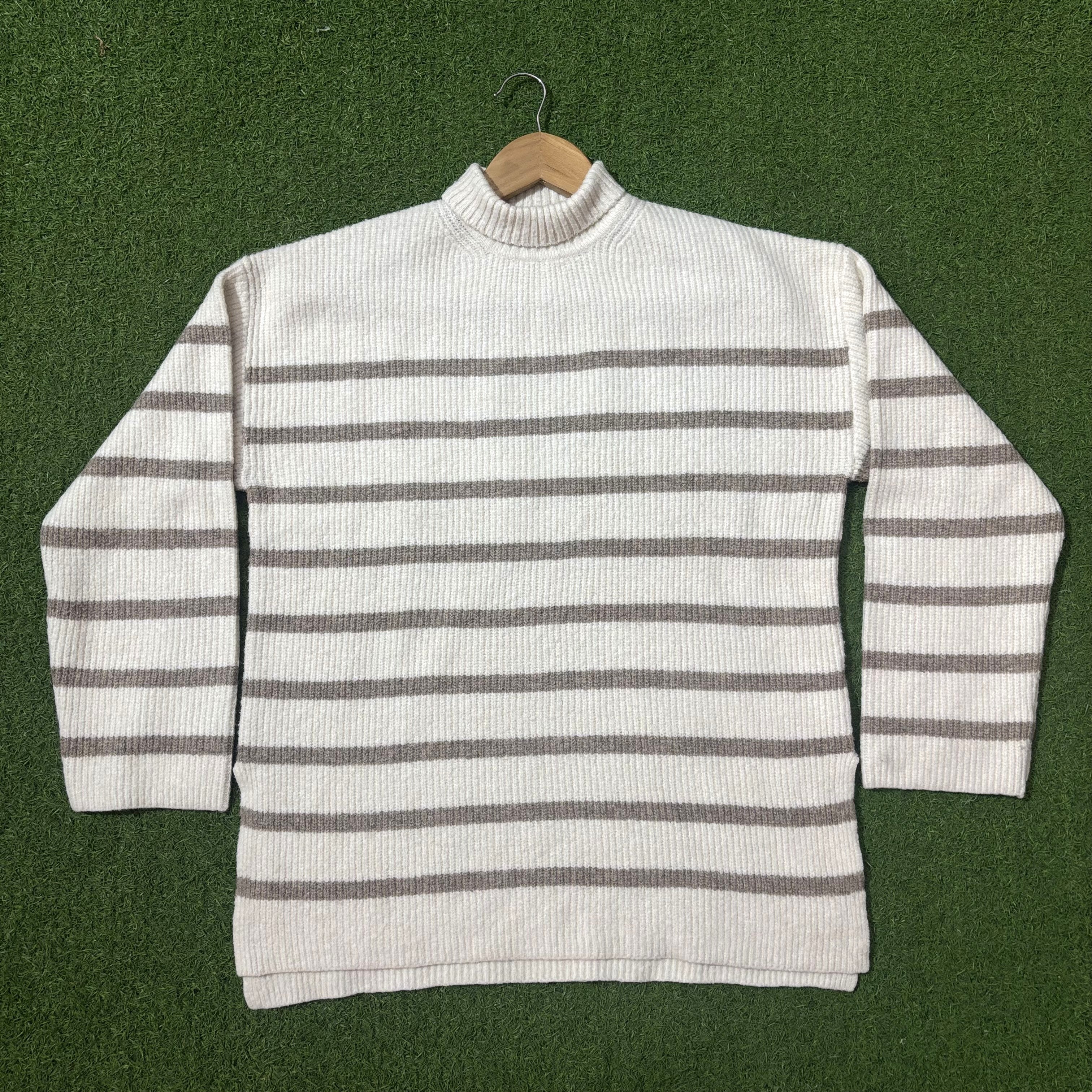 Cream and grey striped drop-shoulder turtleneck sweater by F&F