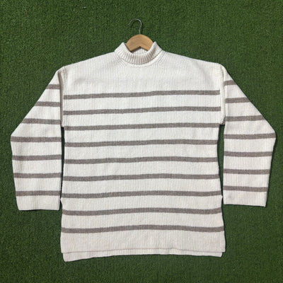 Cream and grey striped drop-shoulder turtleneck sweater by F&F