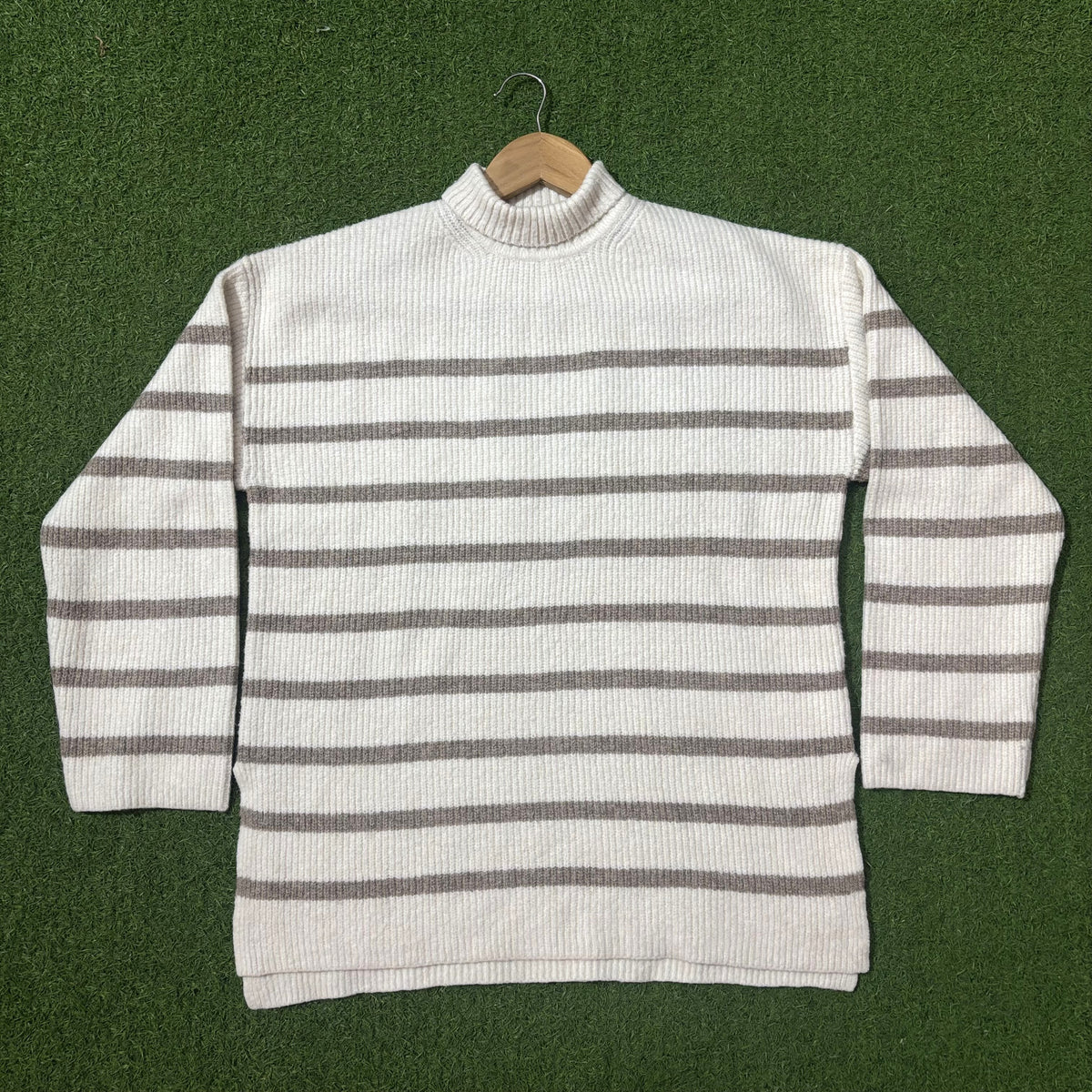 Cream and grey striped drop-shoulder turtleneck sweater by F&F