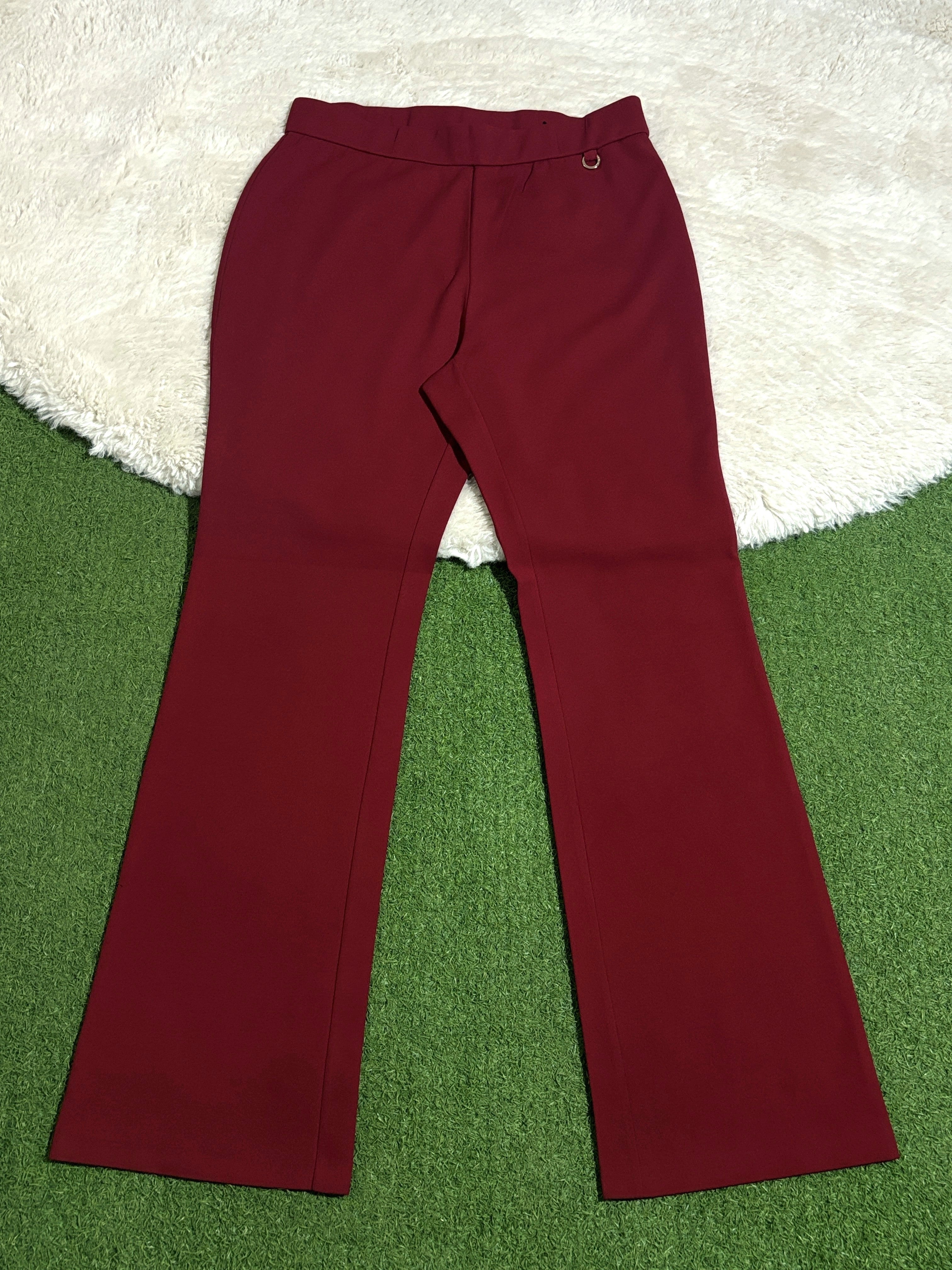 Burgundy high-rise straight-leg trousers laid flat