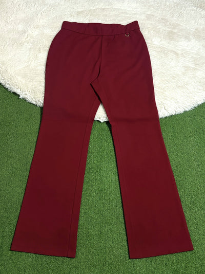 Burgundy high-rise straight-leg trousers laid flat