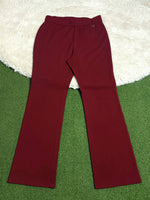 Burgundy high-rise straight-leg trousers laid flat
