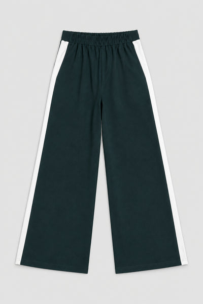 Navy blue trousers with white side stripes laid flat