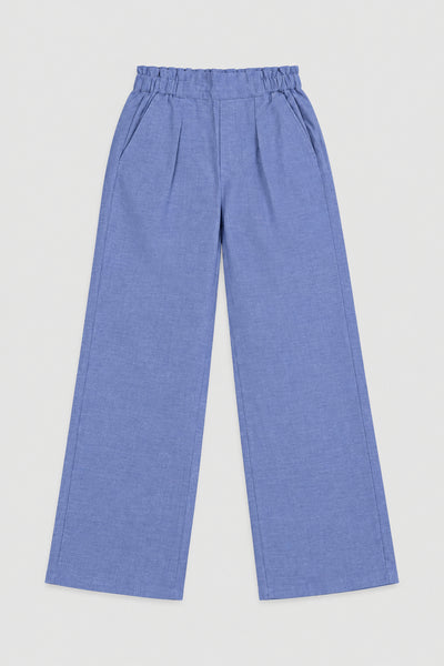 Light blue high-rise straight-leg trousers laid flat