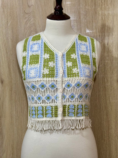 Green Blue and Cream Floral Button-Front Crop Top