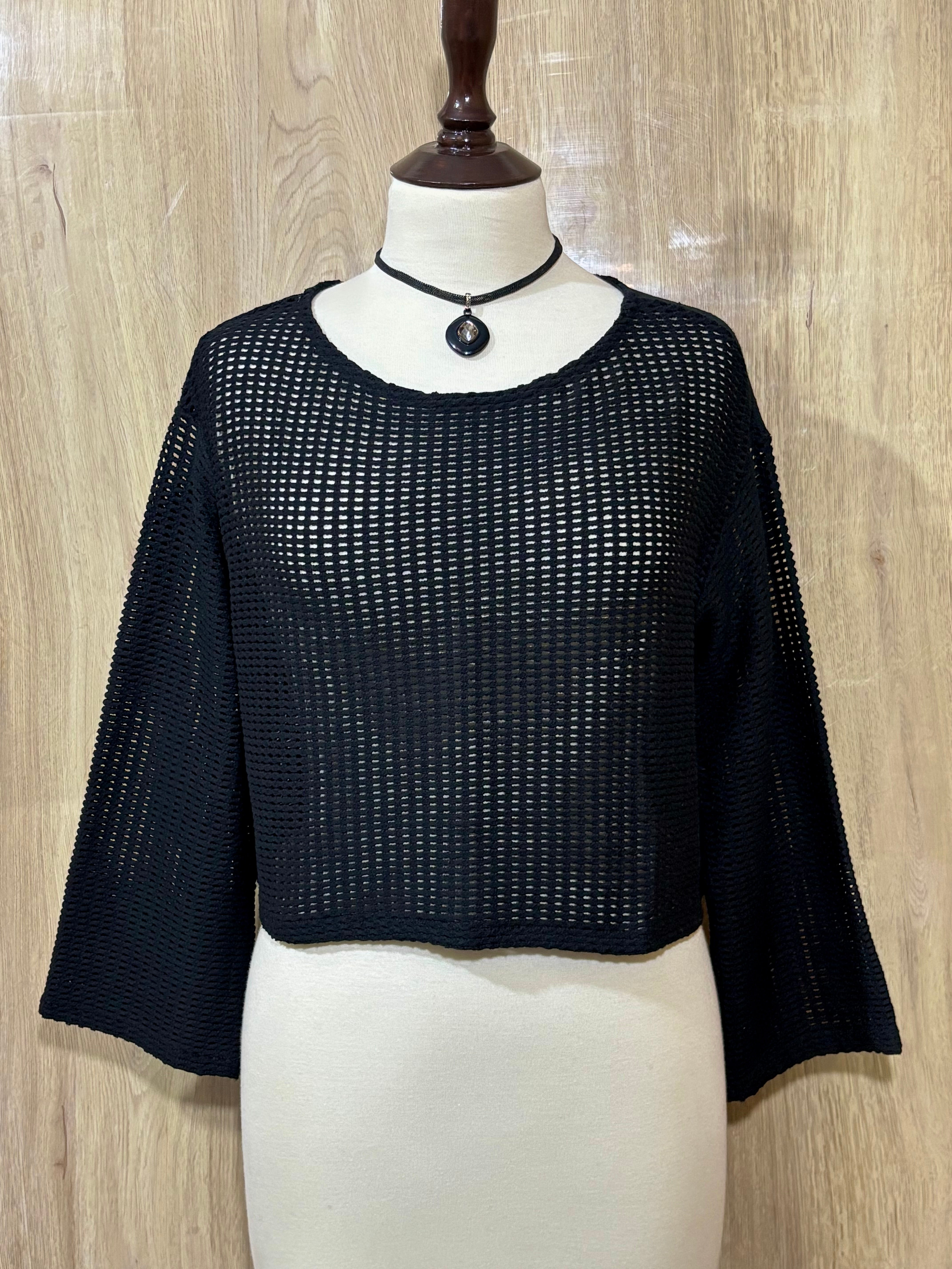 Black Openwork Wide-Sleeve Crop Top