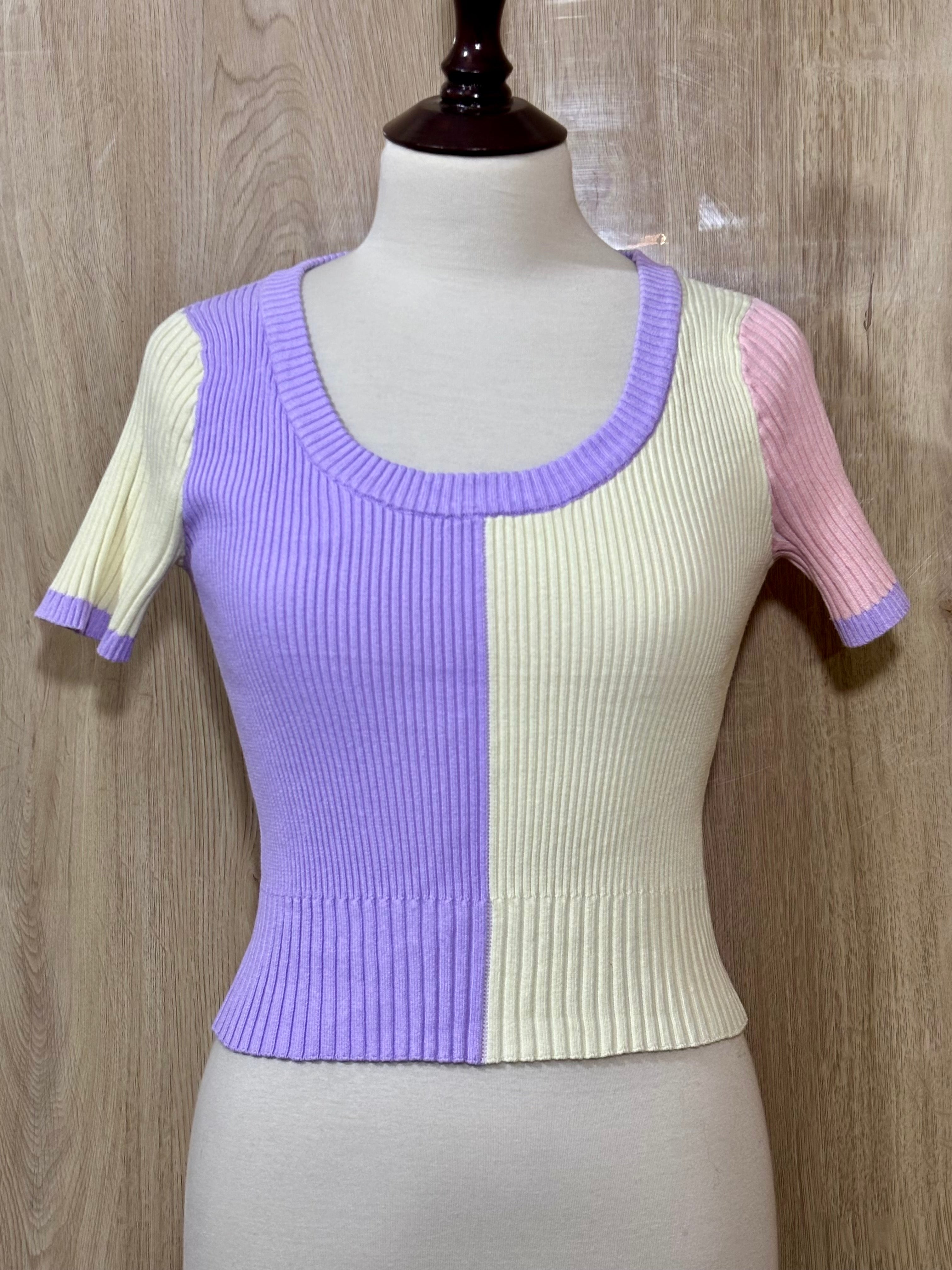 Lilac Cream and Pink Color-Block Ribbed Crop Top