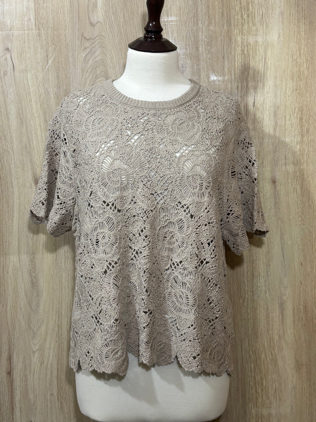 Taupe Crochet Openwork Short-Sleeve Top