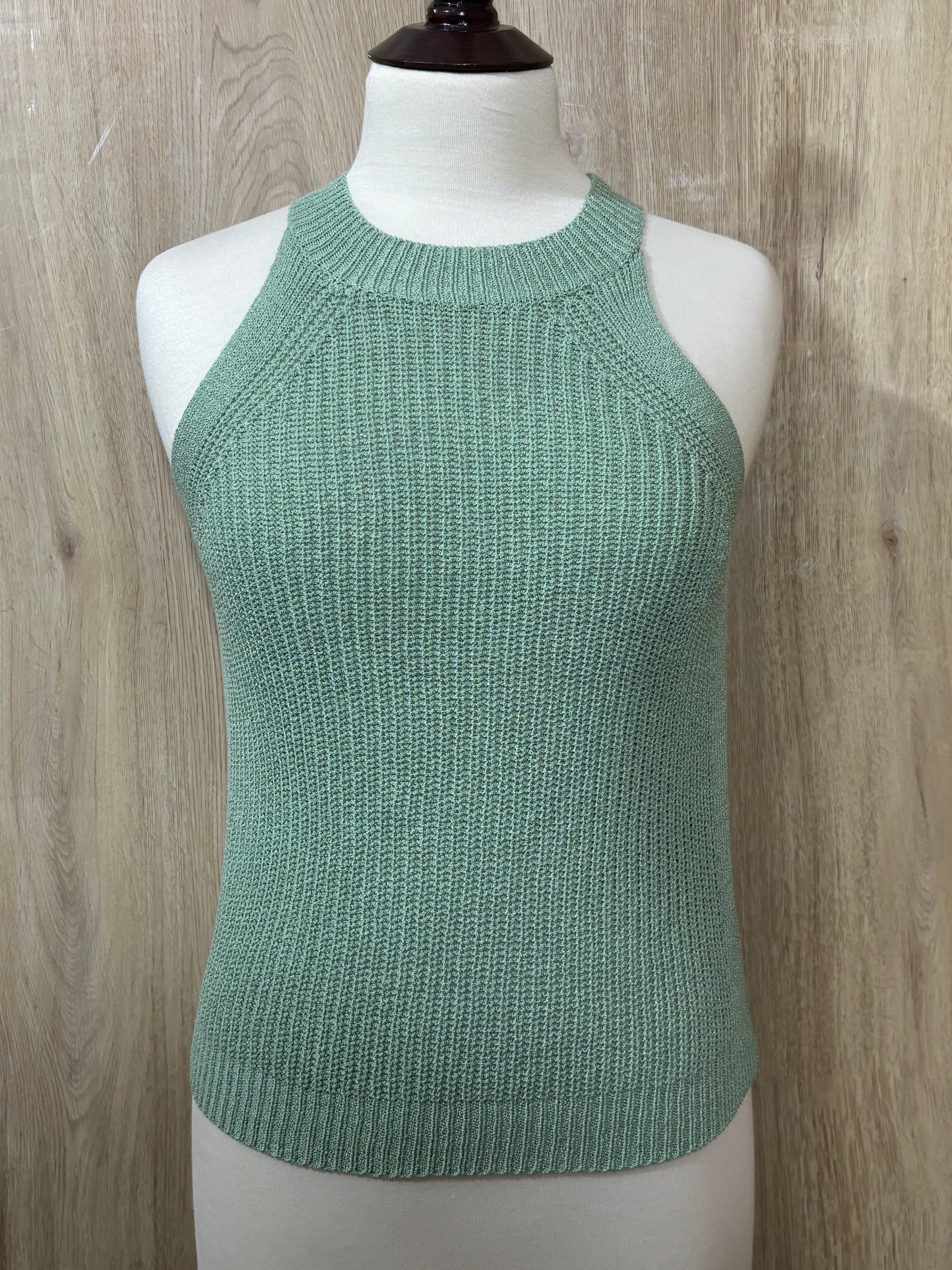 Sage Green High-Neck Sleeveless Knit Top