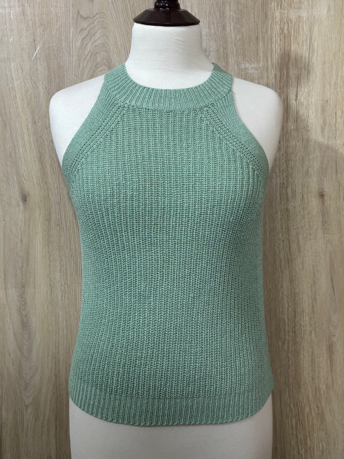 Sage Green High-Neck Sleeveless Knit Top