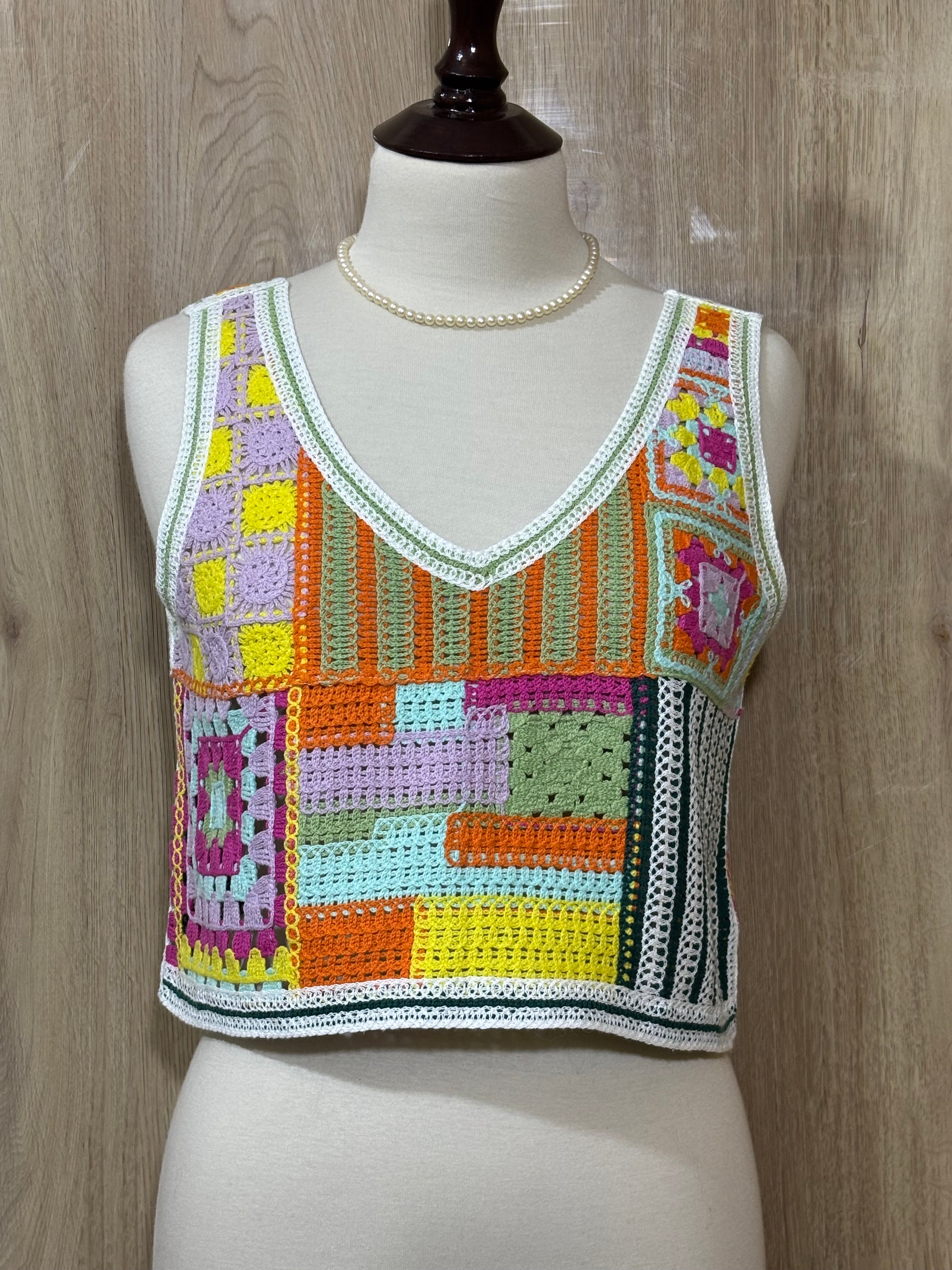Multicolor Patchwork V-Neck Sleeveless Crop Top
