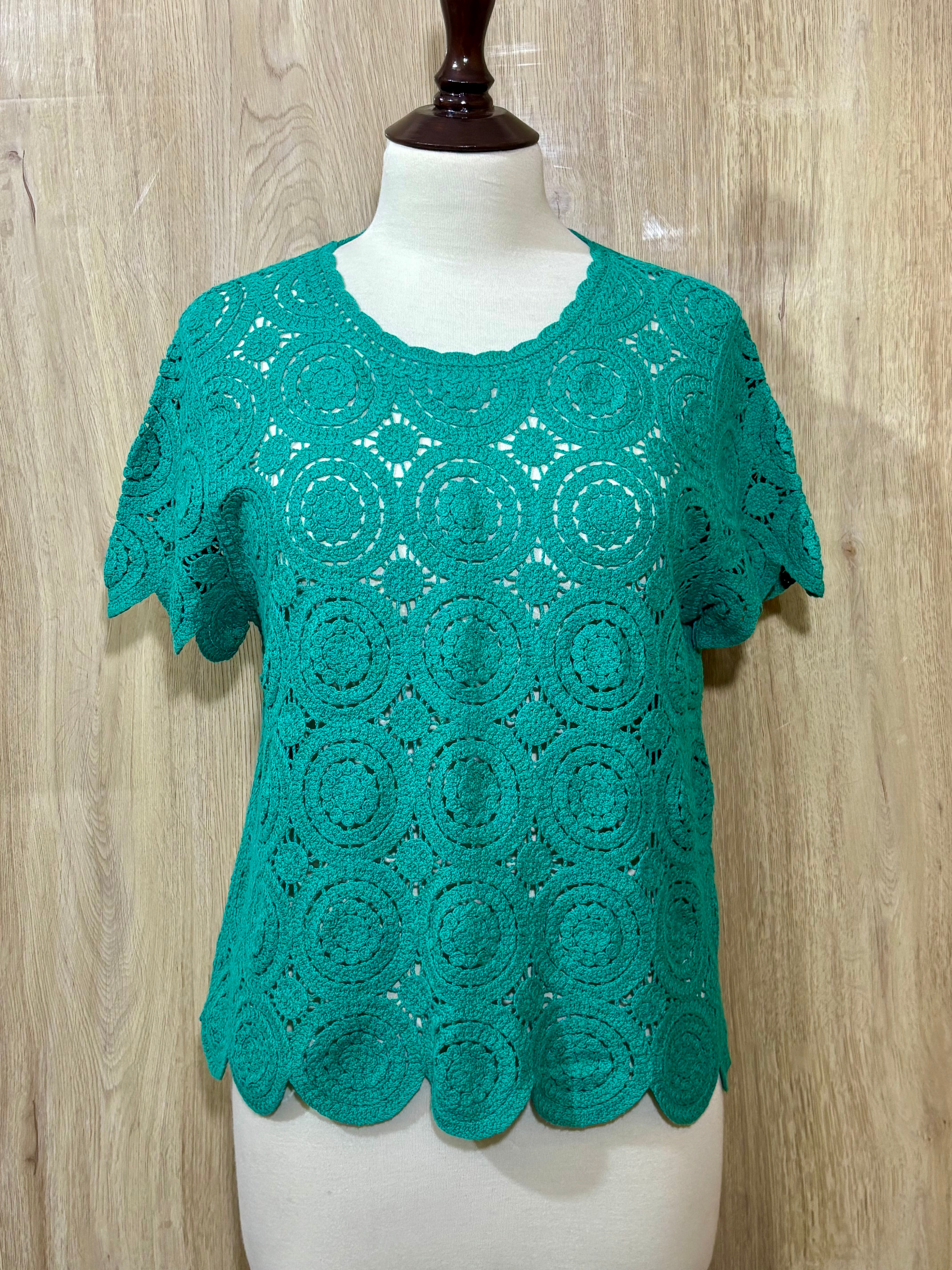 Teal Circular Openwork Short-Sleeve Top