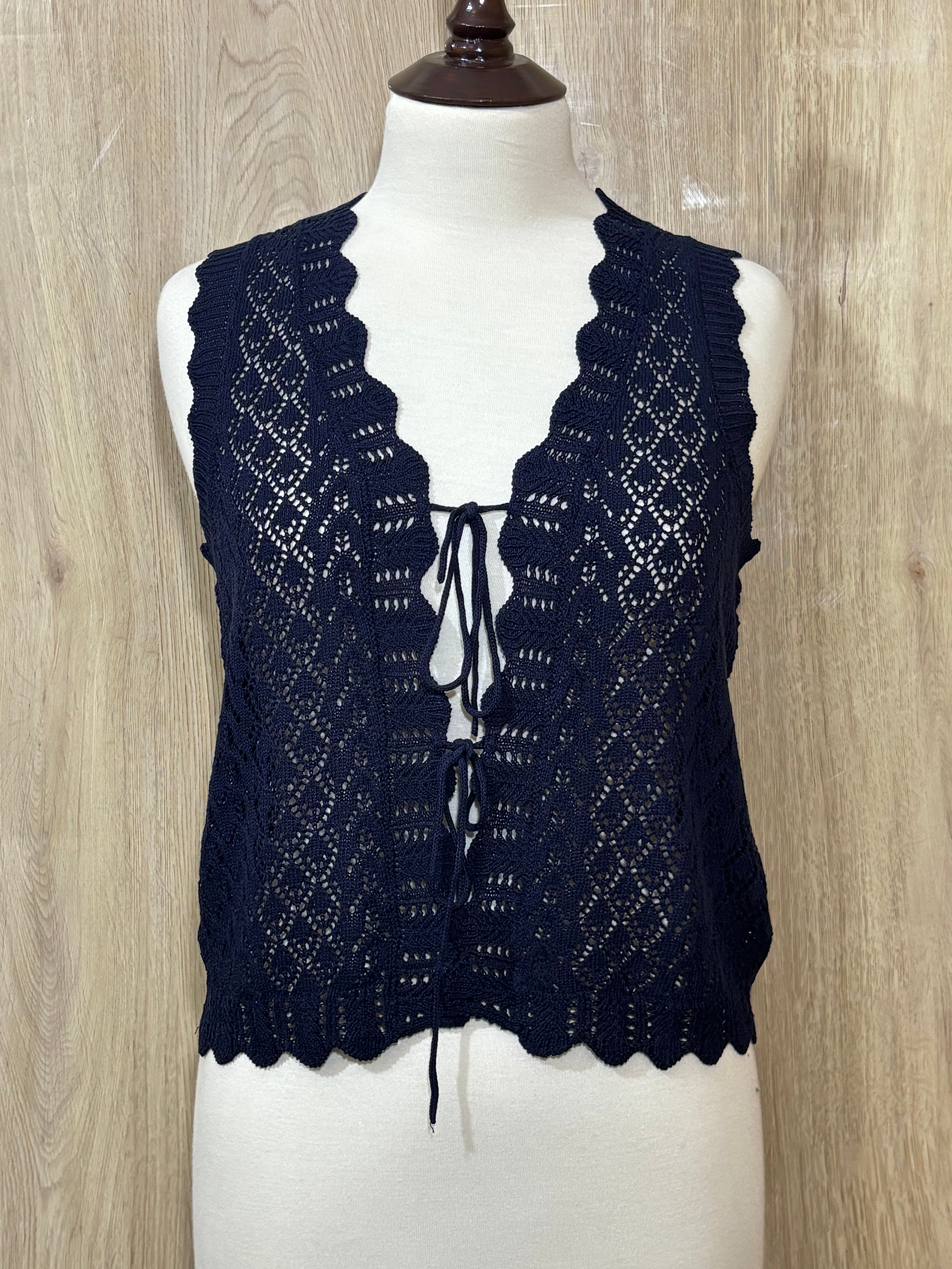 Black Crochet Tie-Front Sleeveless Vest