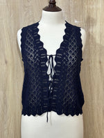 Black Crochet Tie-Front Sleeveless Vest