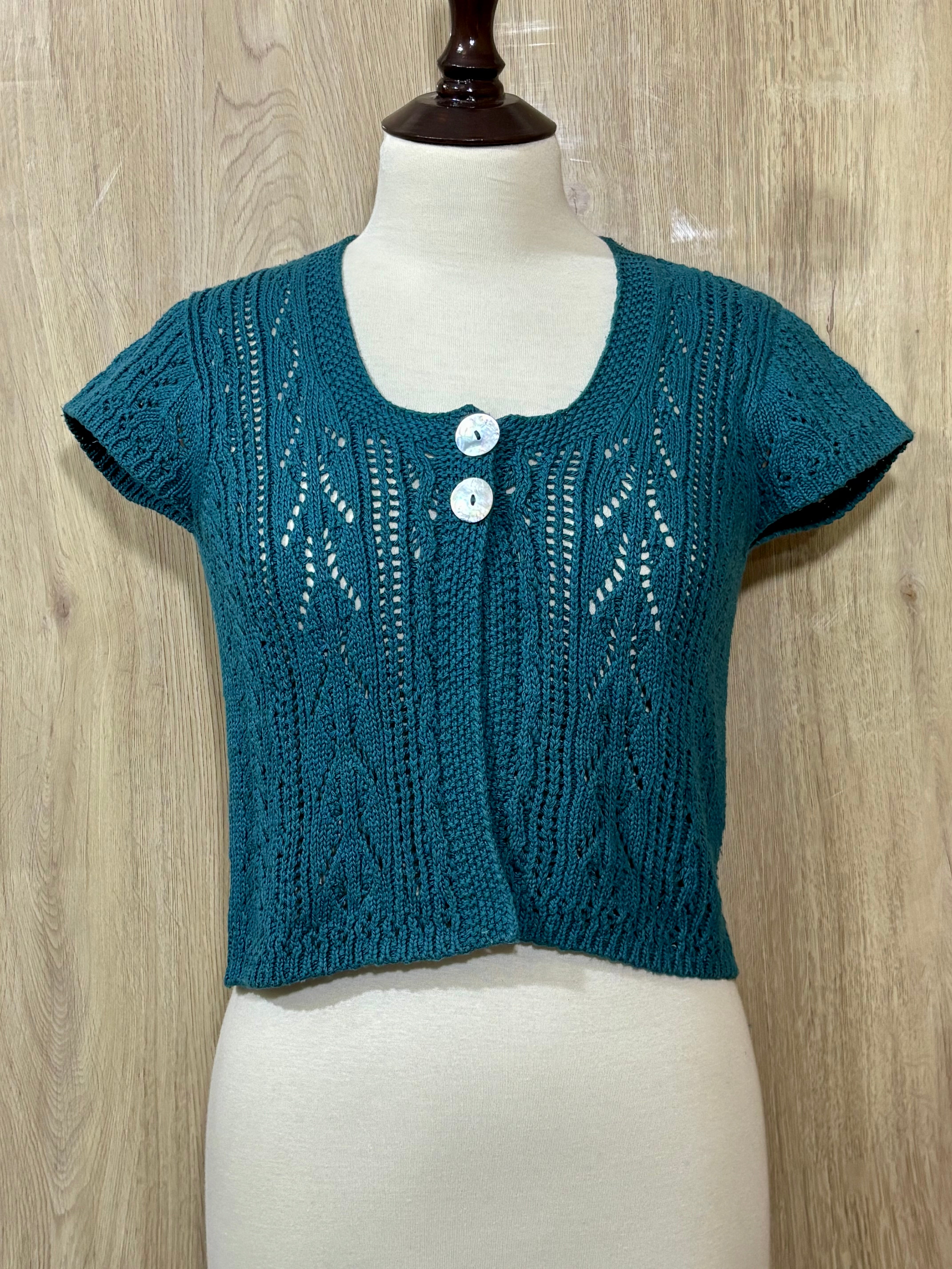 Teal Two-Button Openwork Short-Sleeve Crop Top