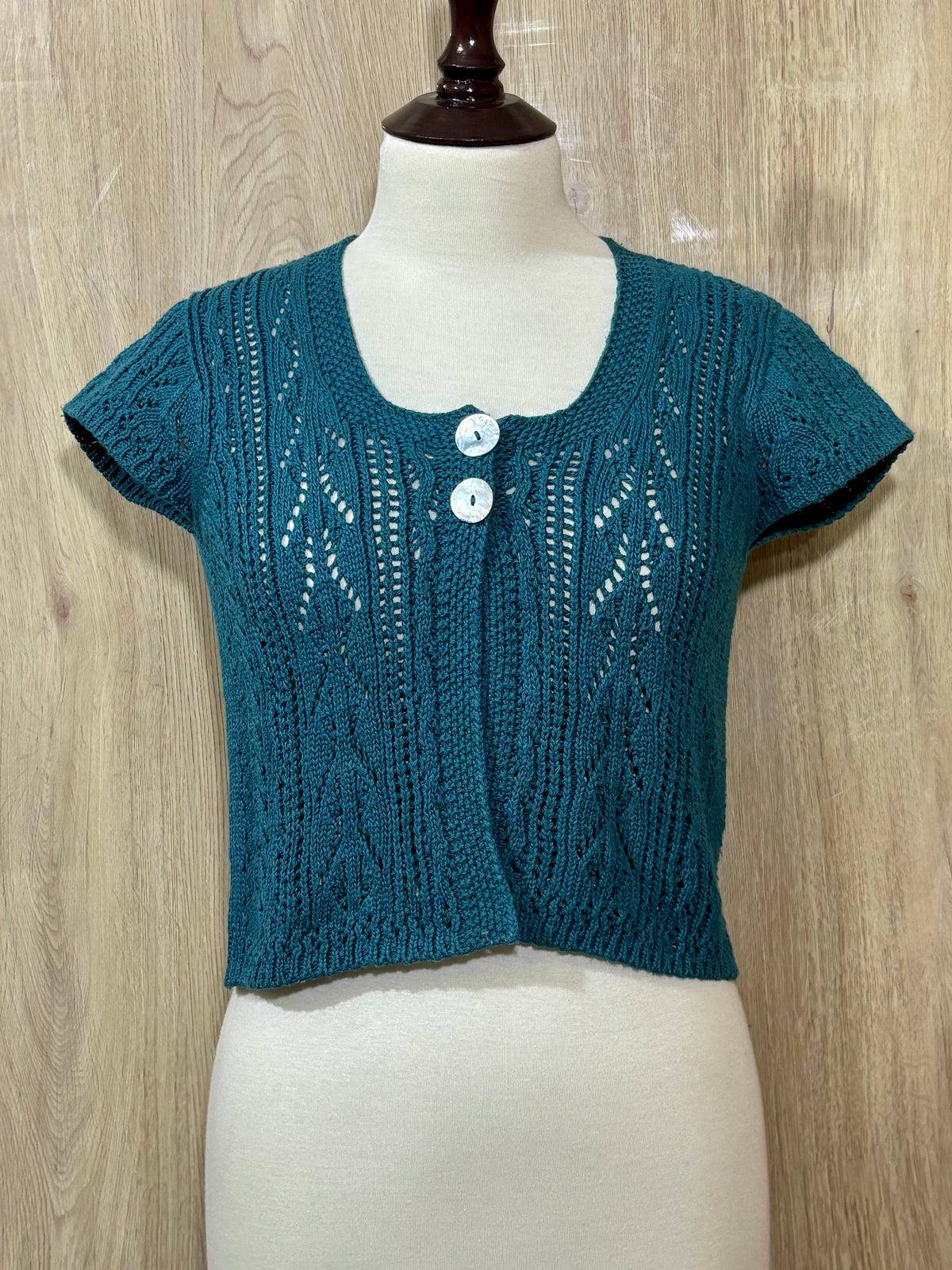 Teal Two-Button Openwork Short-Sleeve Crop Top
