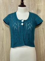 Teal Two-Button Openwork Short-Sleeve Crop Top