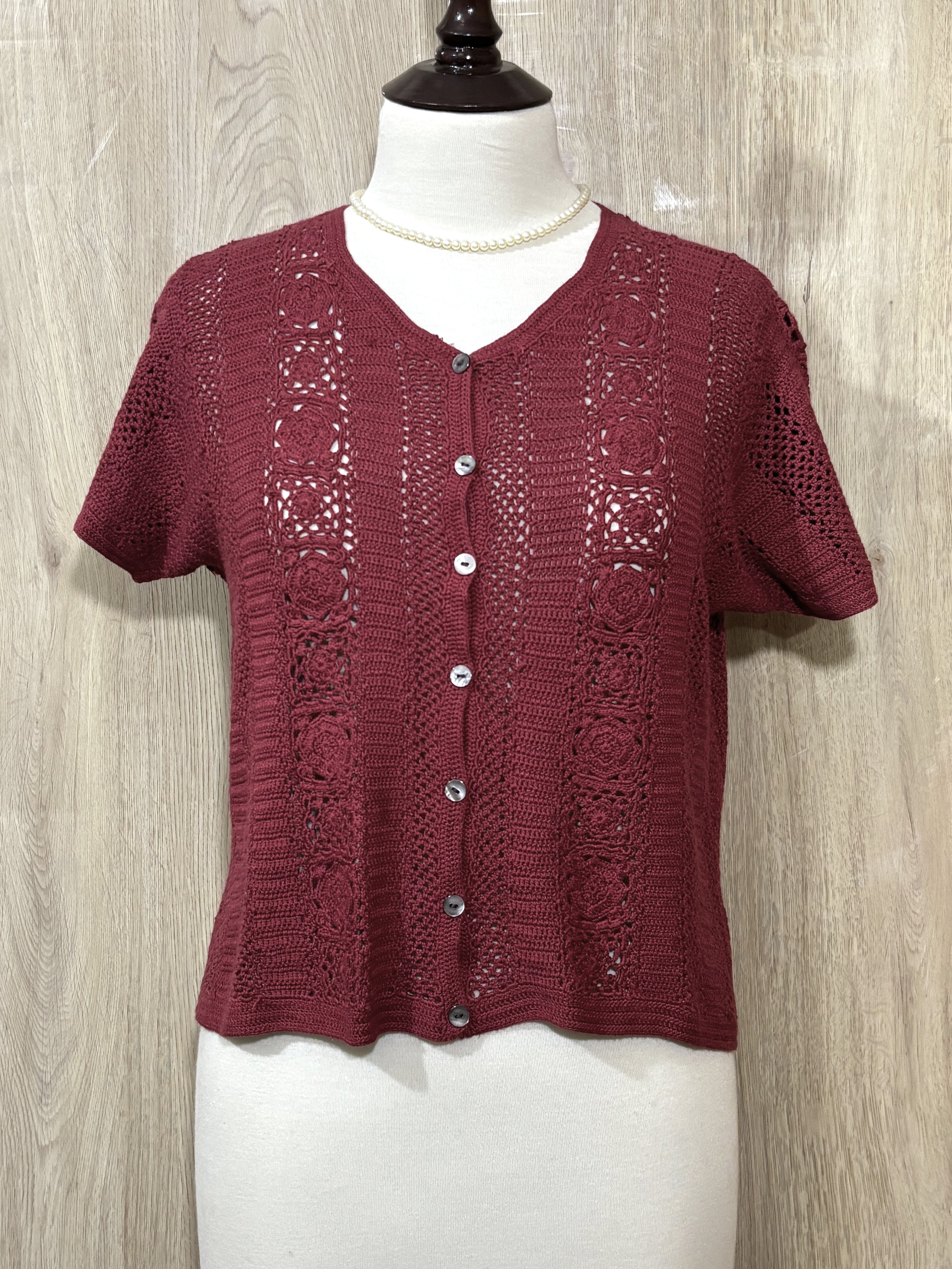 Burgundy Openwork Button-Front Short-Sleeve Cardigan