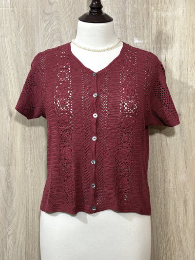 Burgundy Openwork Button-Front Short-Sleeve Cardigan