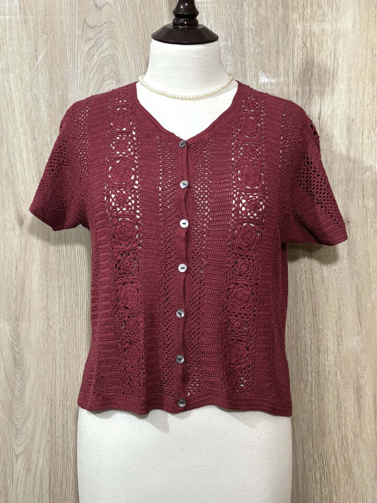 Burgundy Openwork Button-Front Short-Sleeve Cardigan