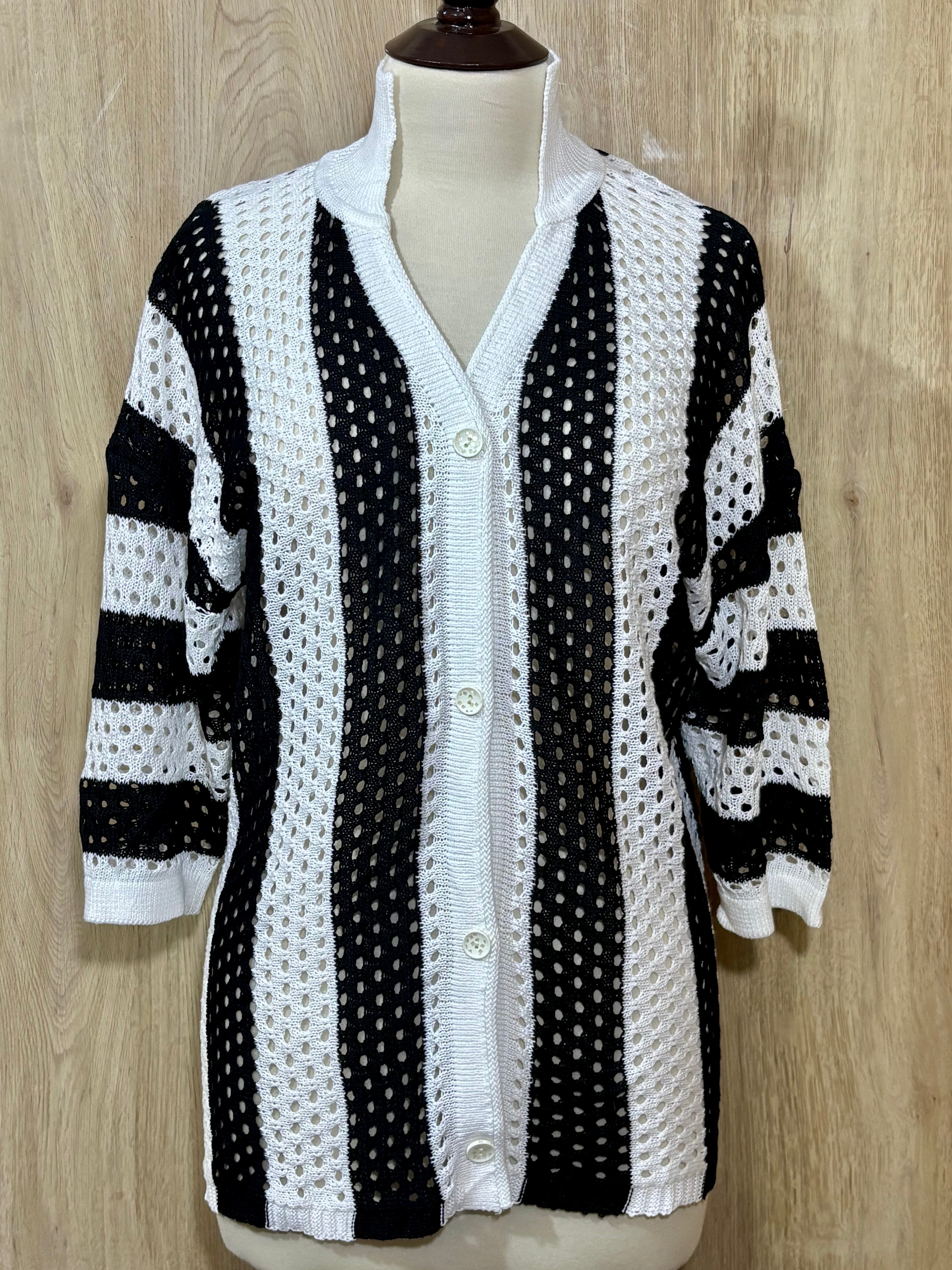 Black and White Striped Openwork Button-Front Cardigan