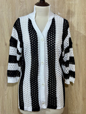 Black and White Striped Openwork Button-Front Cardigan
