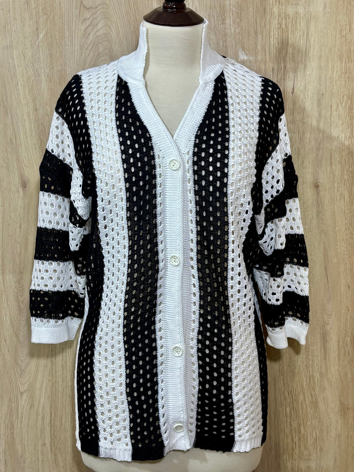 Black and White Striped Openwork Button-Front Cardigan
