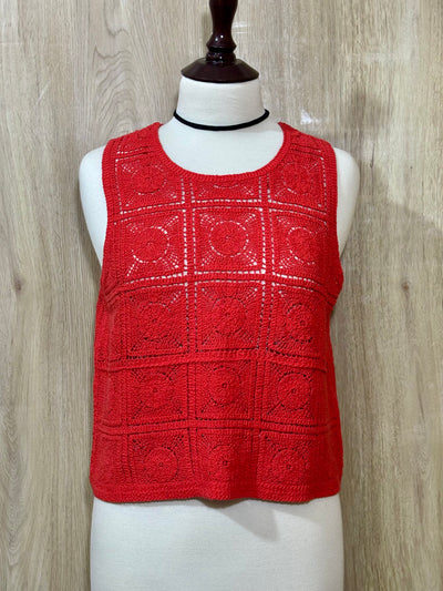 Red Sleeveless Openwork Crochet Crop Top