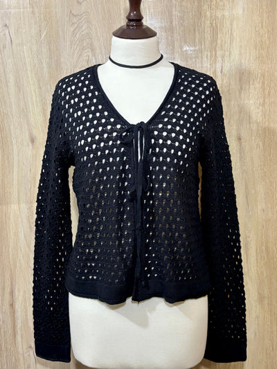 Black Openwork Tie-Front Long-Sleeve Cardigan